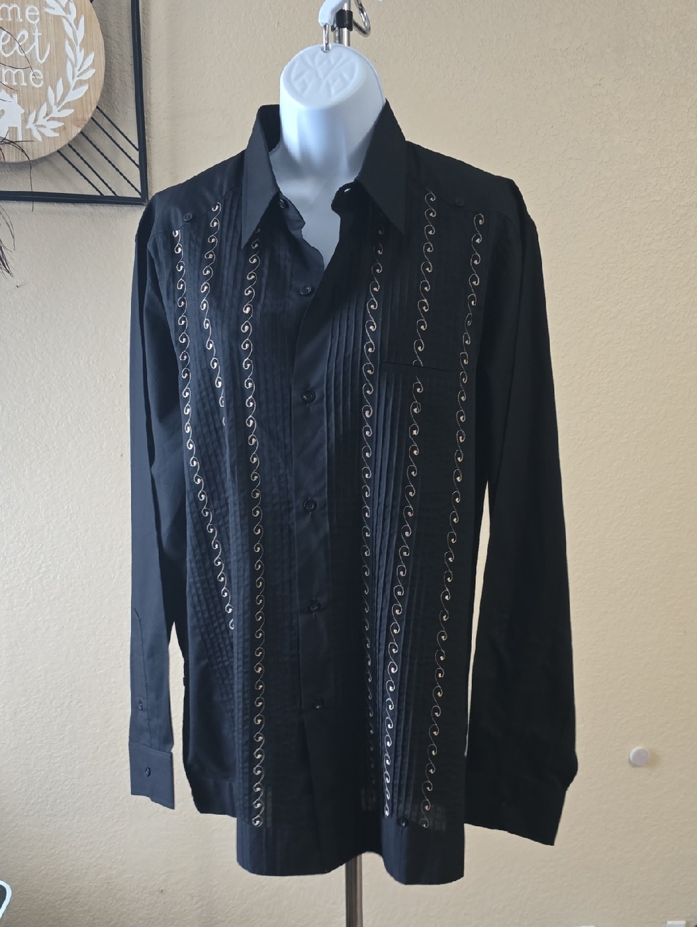 Black Long Sleeve Button-Up Shirt with Eyelet Trim
